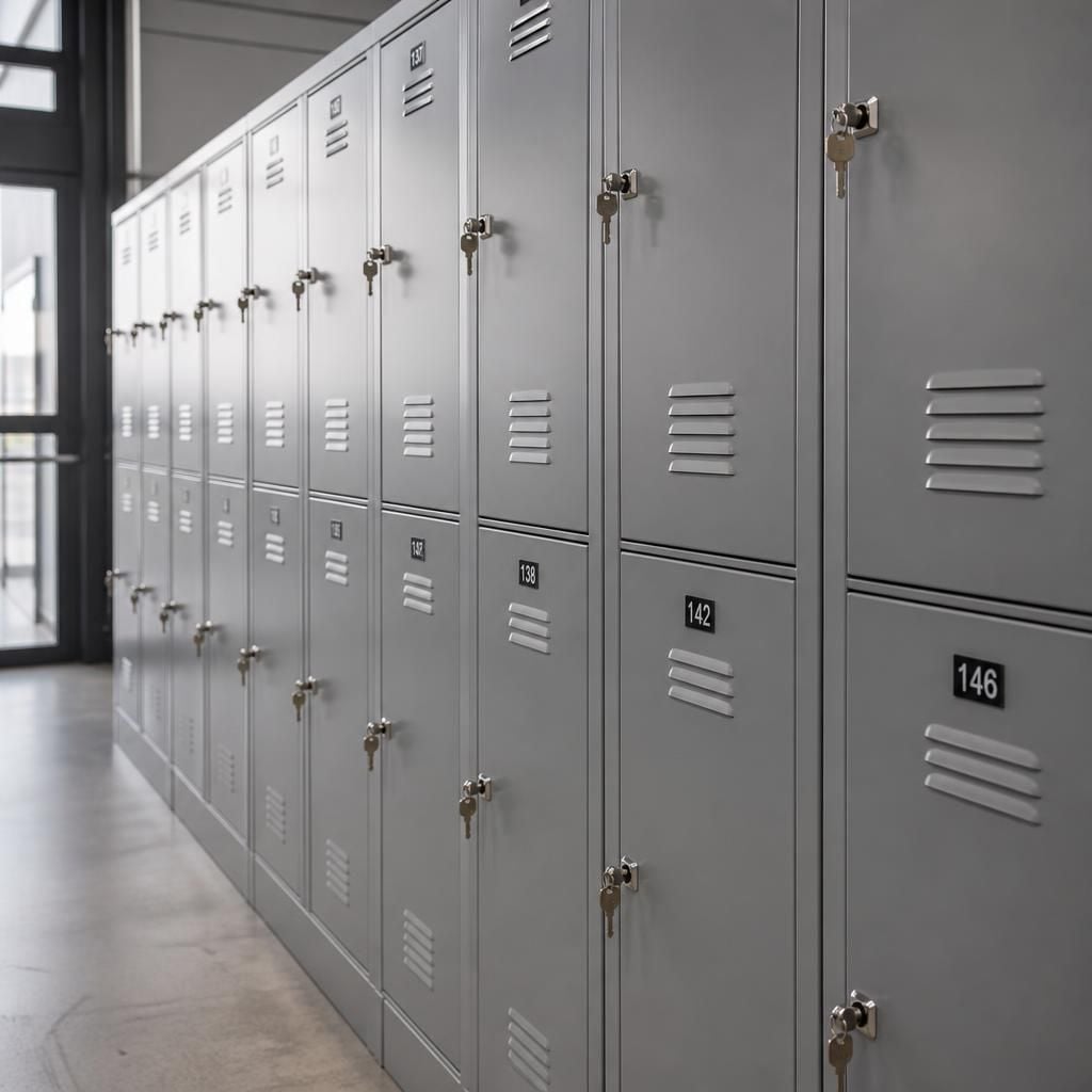 Rows of metal lockers with numbered doors and individual key locks