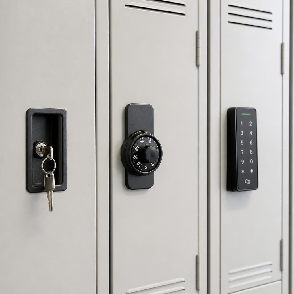 Metal storage lockers showing key, combination and electronic locking options