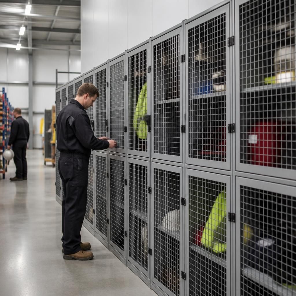 Steel mesh lockers arranged in rows within a shared workplace storage area