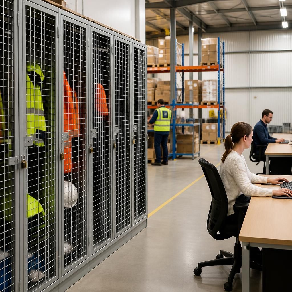 Steel mesh lockers beside office workstations and warehouse storage areas