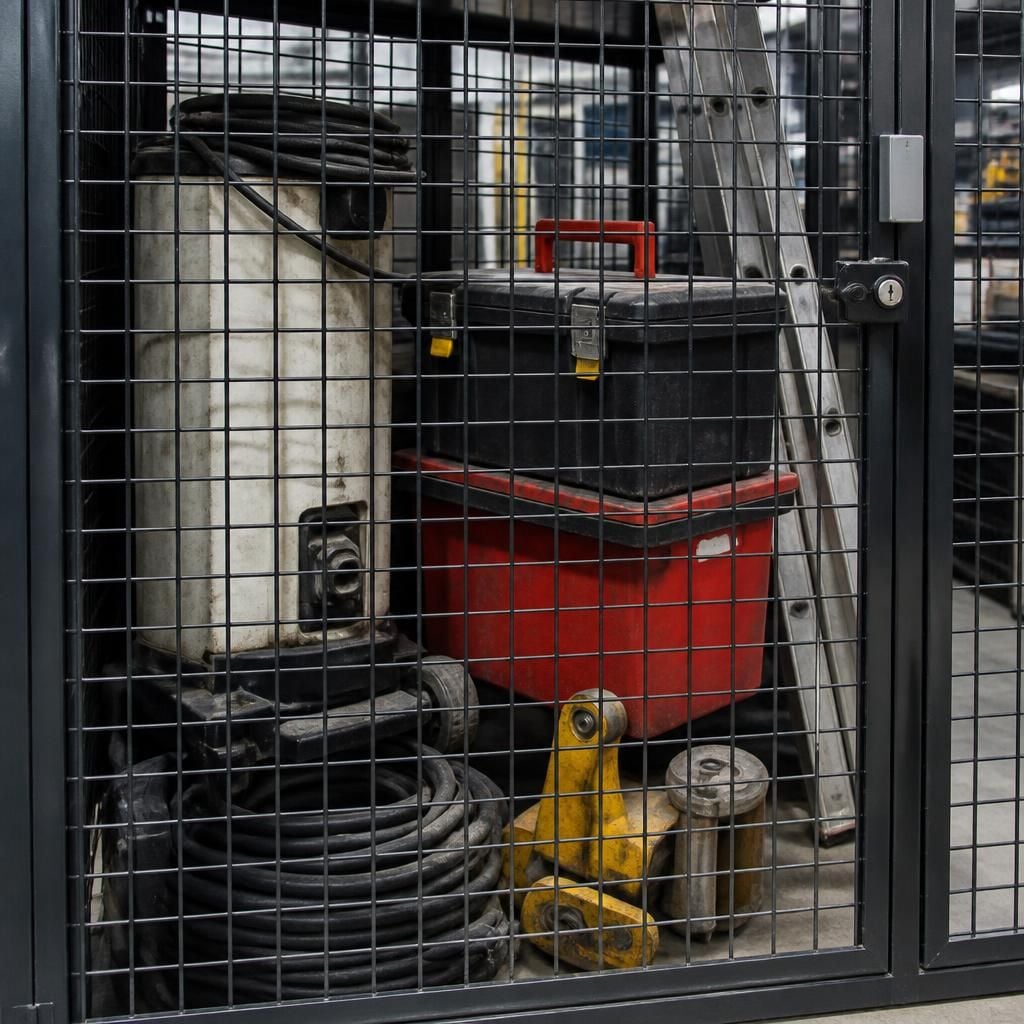 Steel mesh locker containing boxed tools and irregular workplace equipment