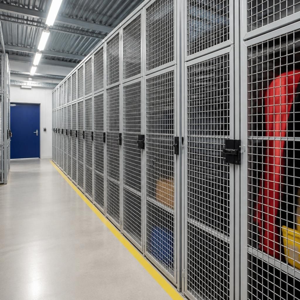Steel mesh lockers arranged beside a workplace walkway