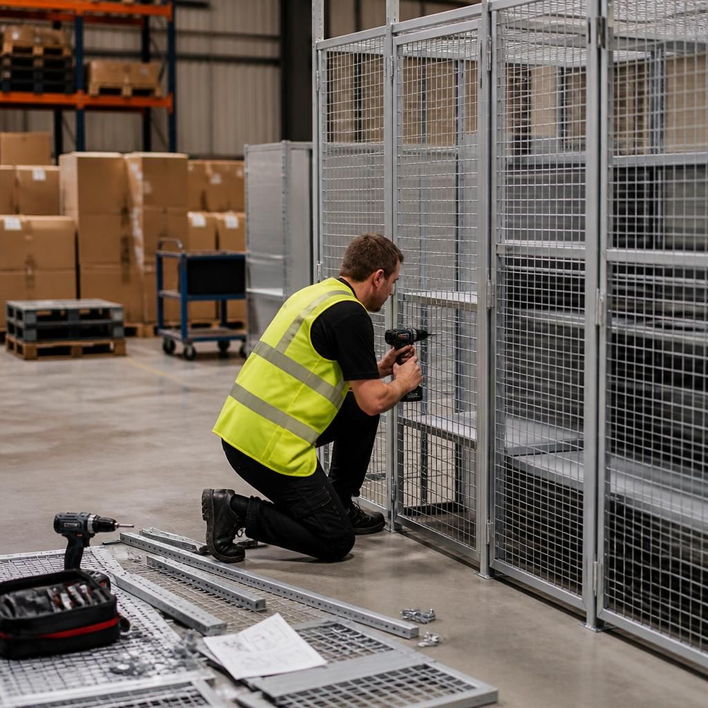 Steel mesh lockers being assembled in a warehouse installation area