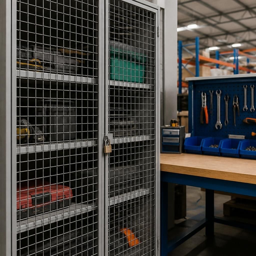 Steel mesh locker containing workplace tools beside a warehouse workbench