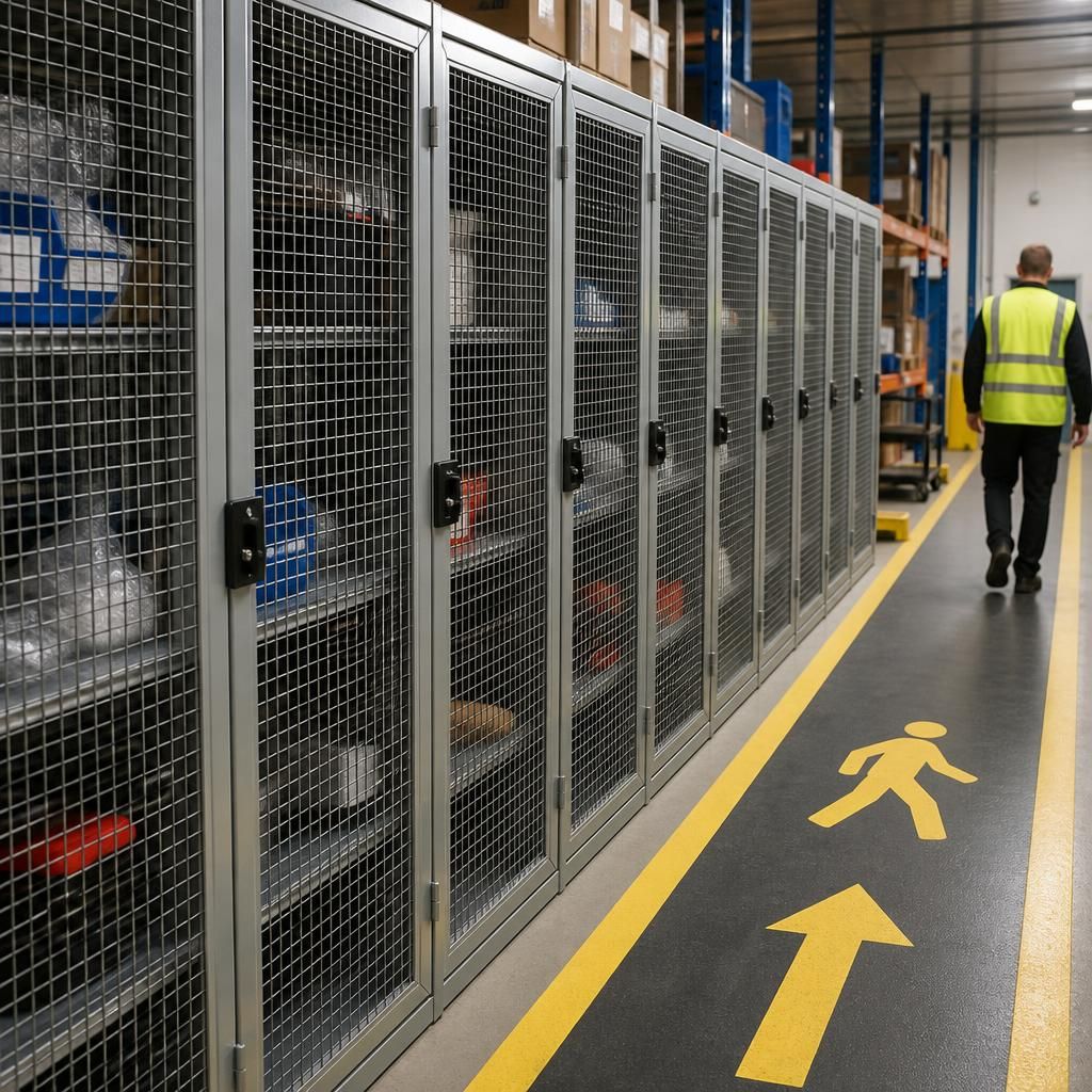 Steel mesh lockers beside a marked workplace walkway and access route