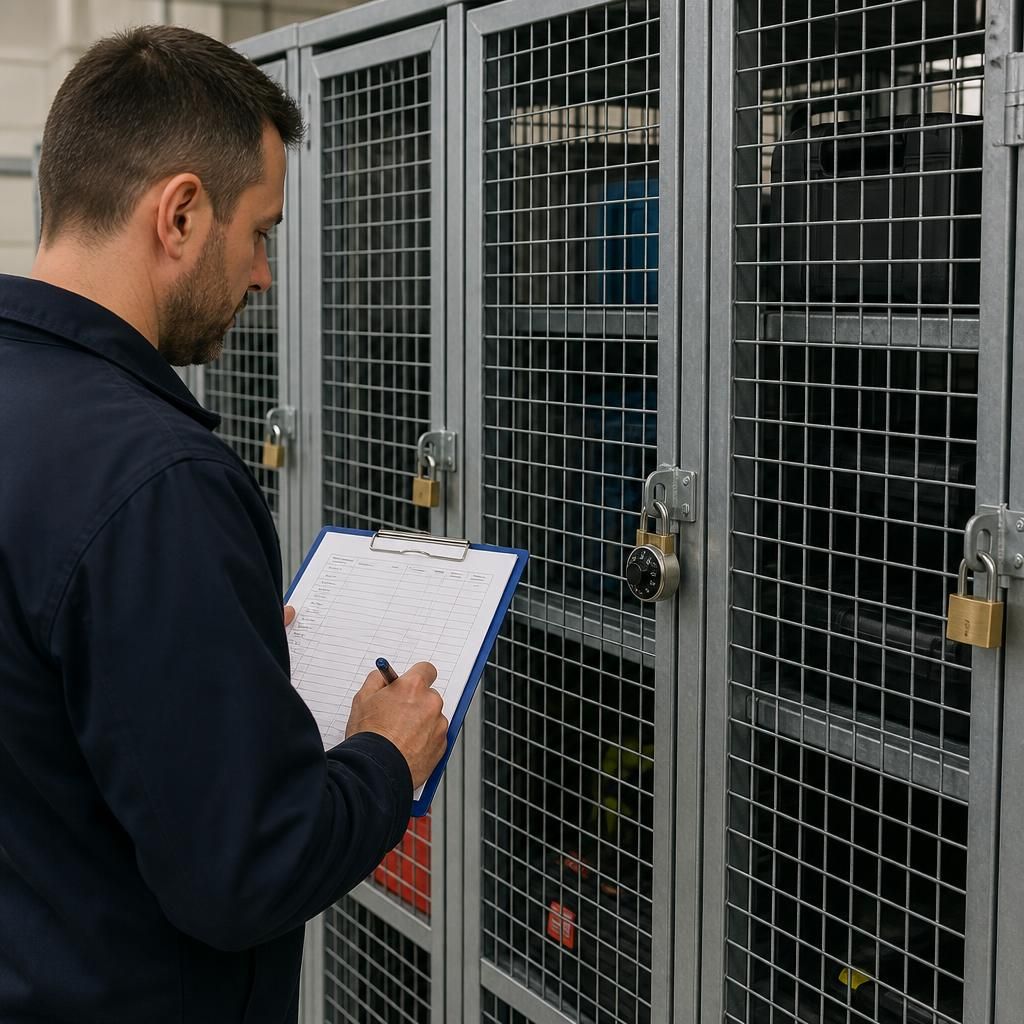 Steel mesh lockers showing keyed locks and padlock fittings