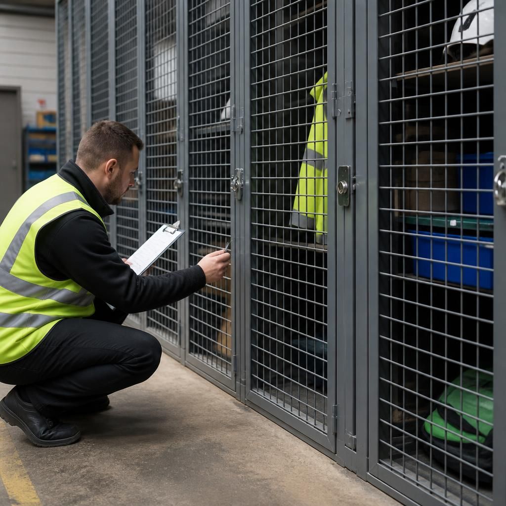 Steel mesh lockers with doors, hinges and locks being inspected in a workplace