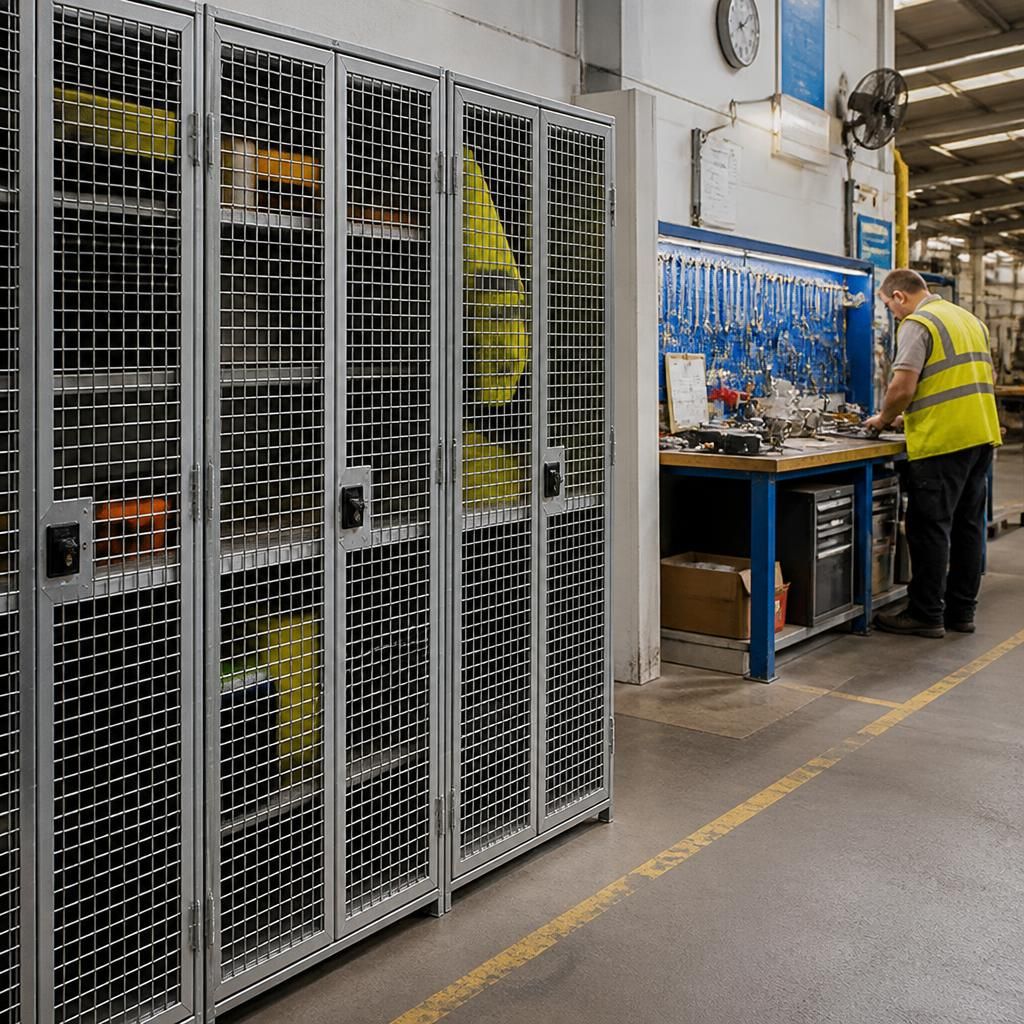 Steel mesh lockers positioned beside a warehouse work area