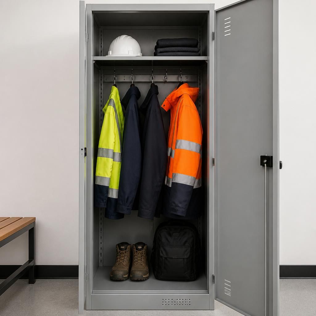 Full-height locker containing coats, boots, helmets and folded workwear