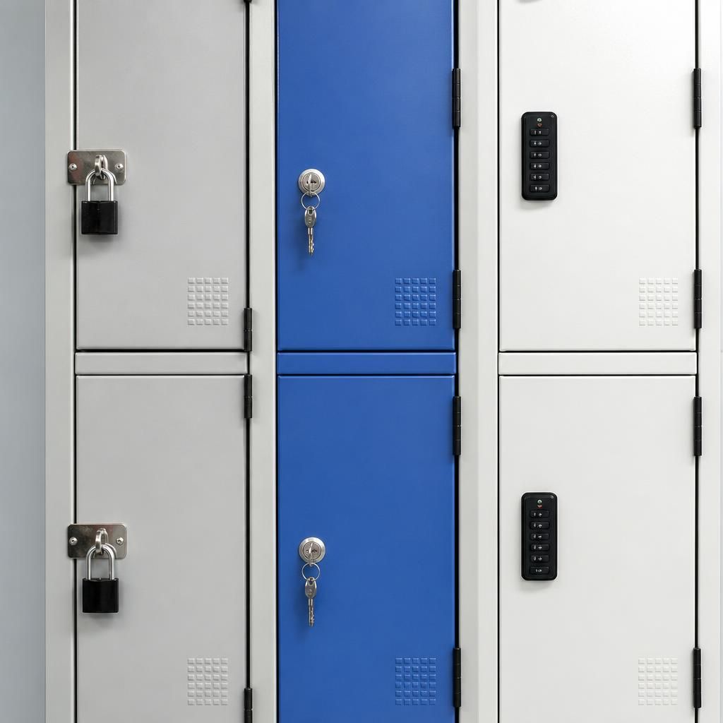 Workplace locker bank showing padlock hasps, key locks and digital locks