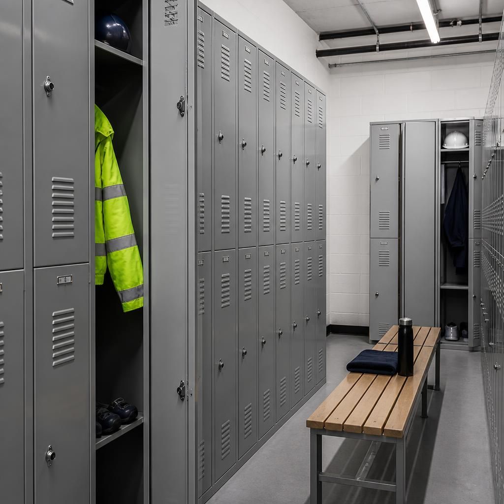 Steel storage lockers arranged in an industrial workplace changing area