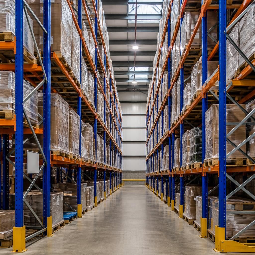Warehouse aisle with double deep pallet racking and stored pallets