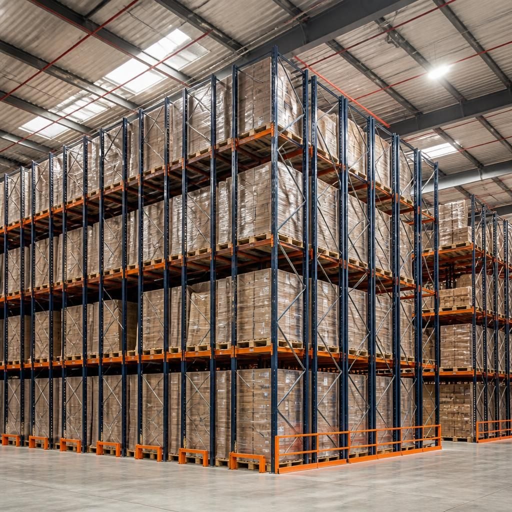 Double deep pallet racking beneath roof beams and warehouse lighting