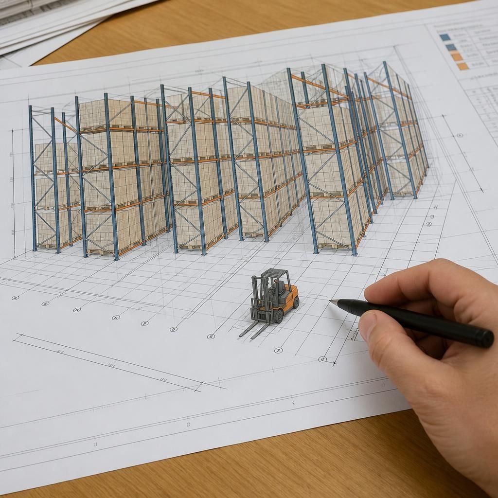 Working drawing showing a double deep pallet racking layout with back-to-back pallet positions