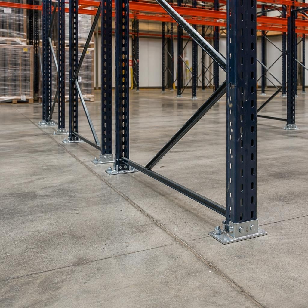 Double deep pallet racking uprights installed on a concrete warehouse floor