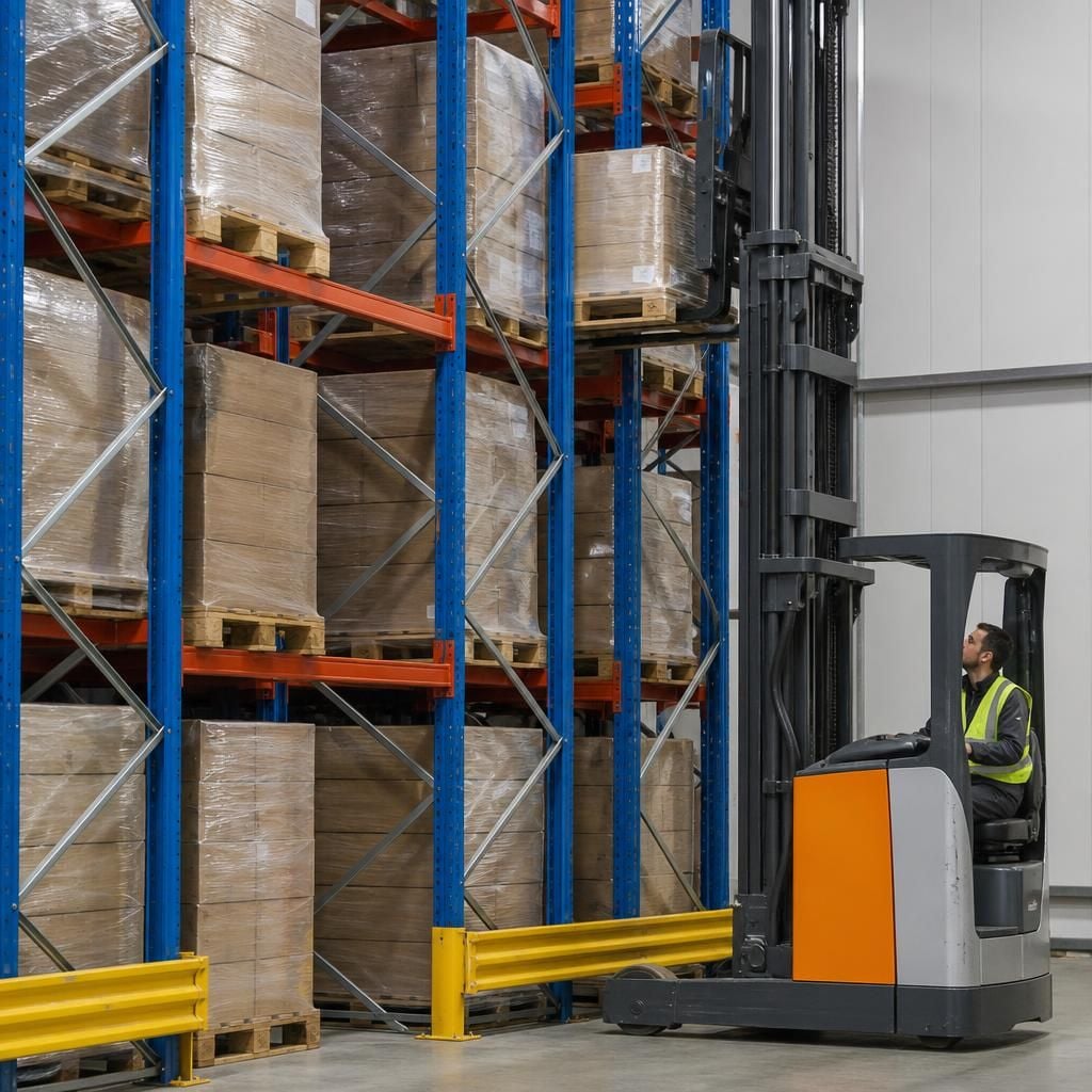 Reach truck placing a pallet into the rear position of double deep pallet racking