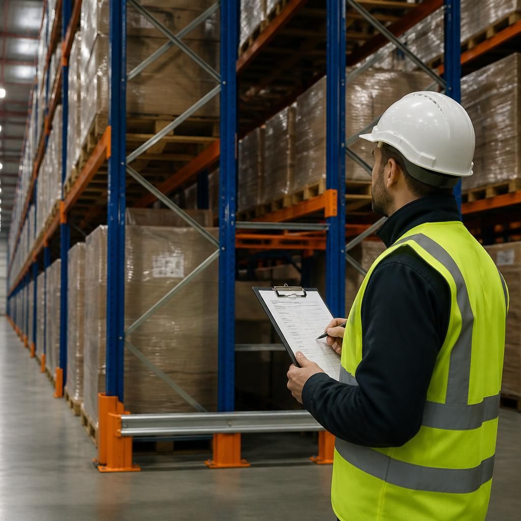 Warehouse worker inspecting double deep pallet racking with a checklist