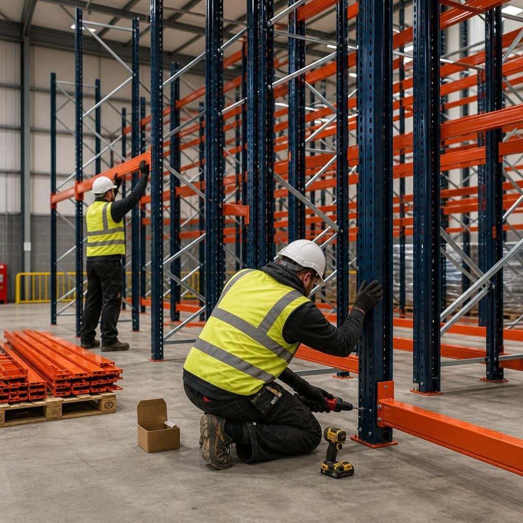 Double deep pallet racking being assembled in a warehouse installation area