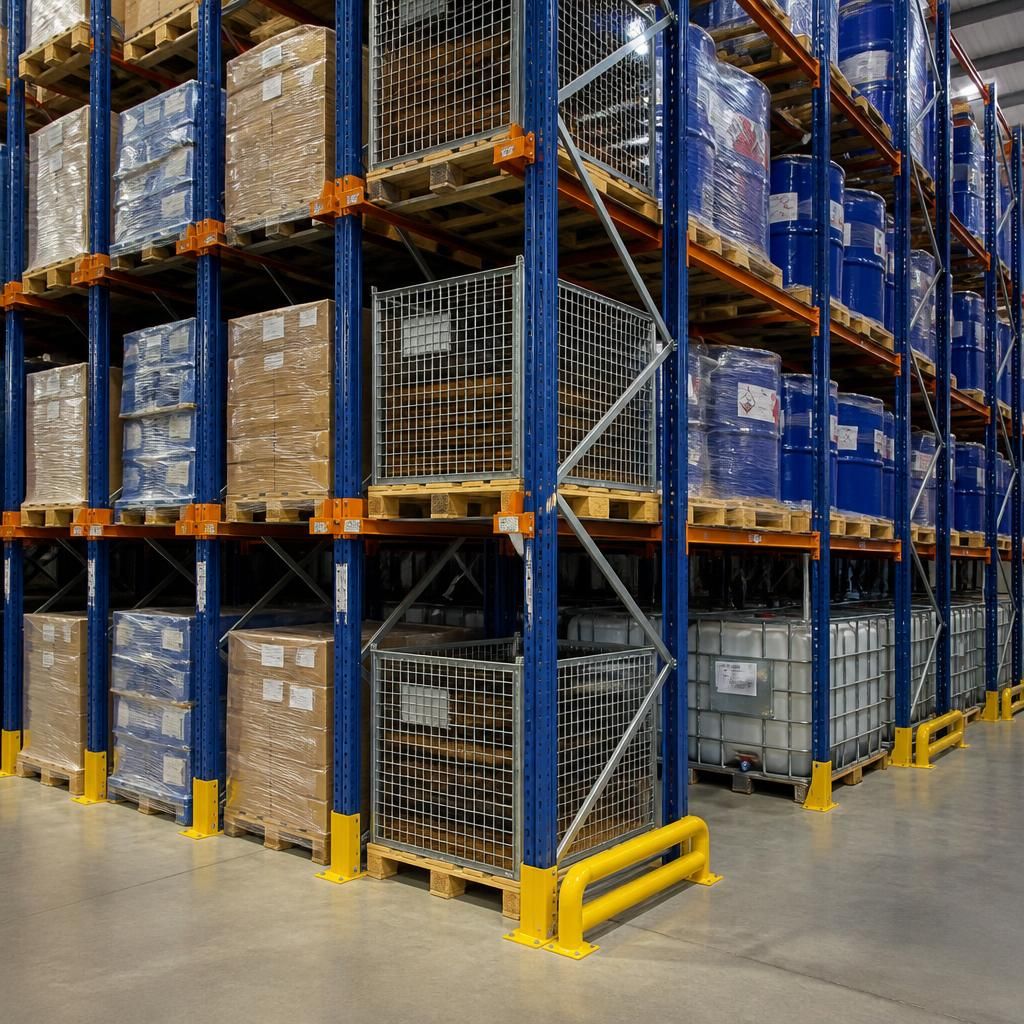 Double deep pallet racking holding loaded pallets between upright frames