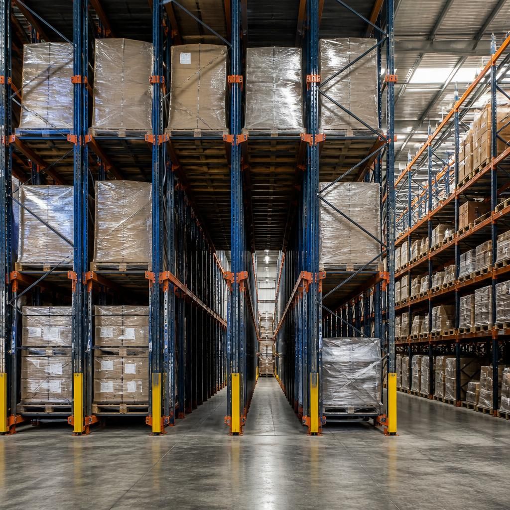 Drive-in racking lanes with grouped pallet loads and clear lane identification