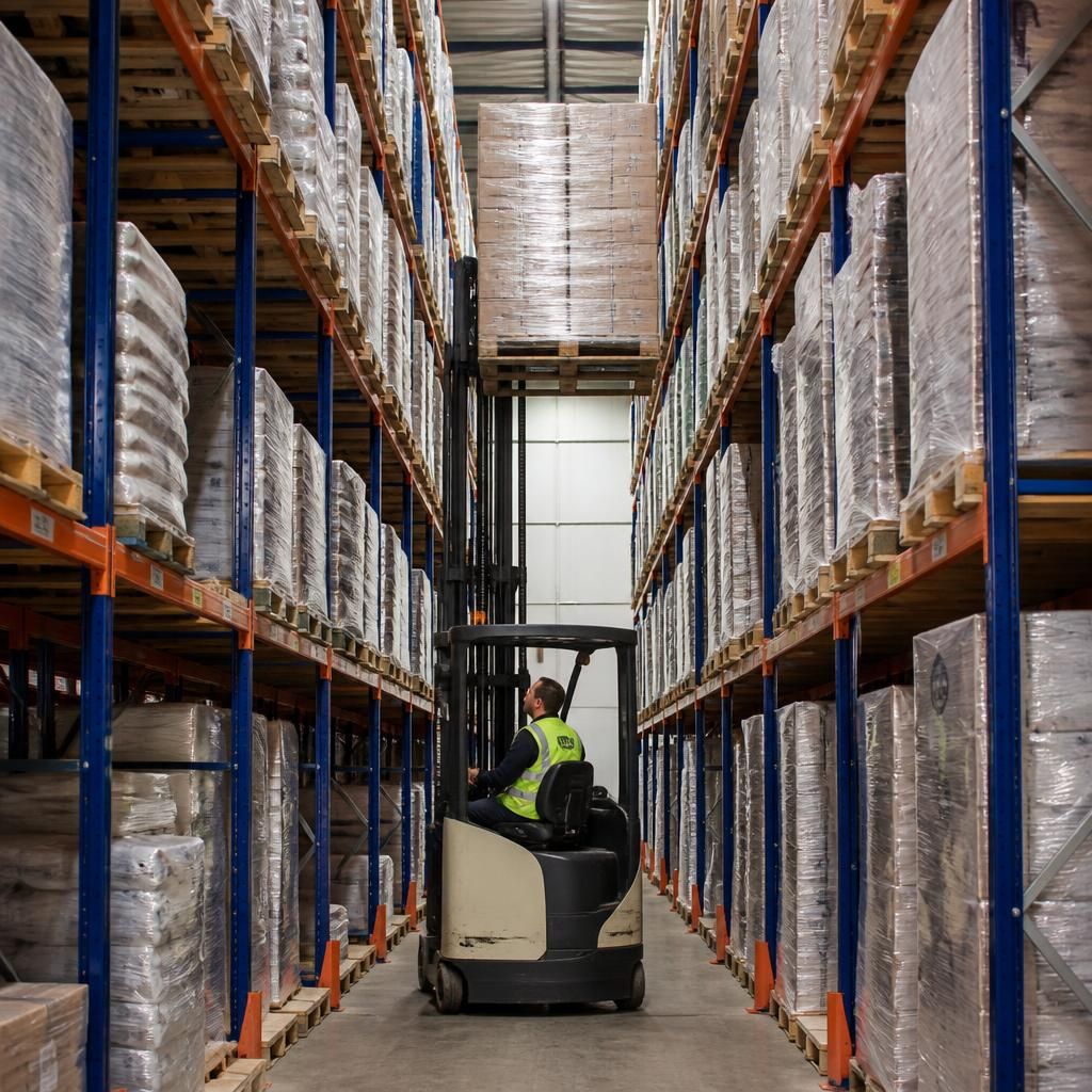 Forklift placing pallets inside a drive-in racking lane