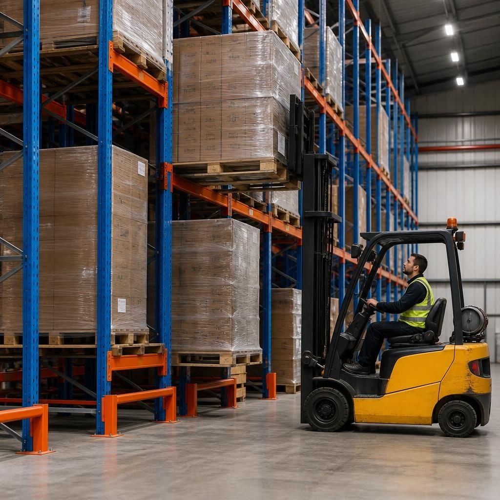 Forklift loading pallets into deep drive-in racking lanes
