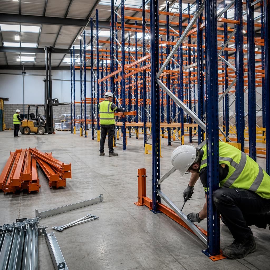 Installers assembling drive-in pallet racking inside a warehouse