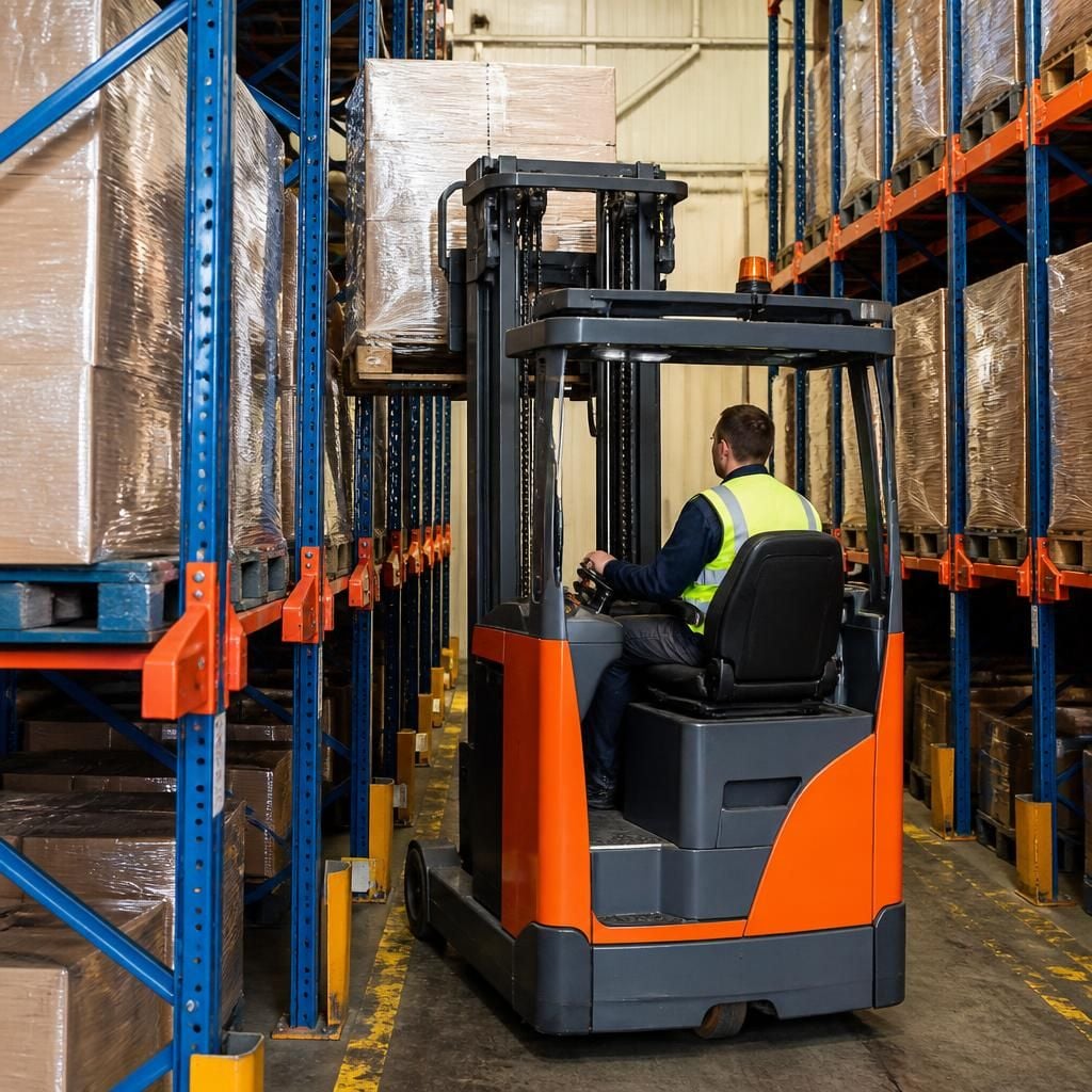 Forklift placing a pallet inside drive-in racking