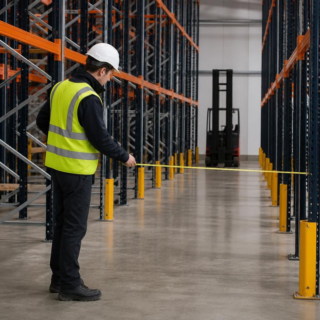 Warehouse survey measuring pallet racking aisles, floor levels and forklift access