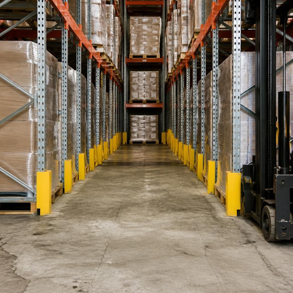 Drive-in pallet racking with forklift access lanes and stored pallets