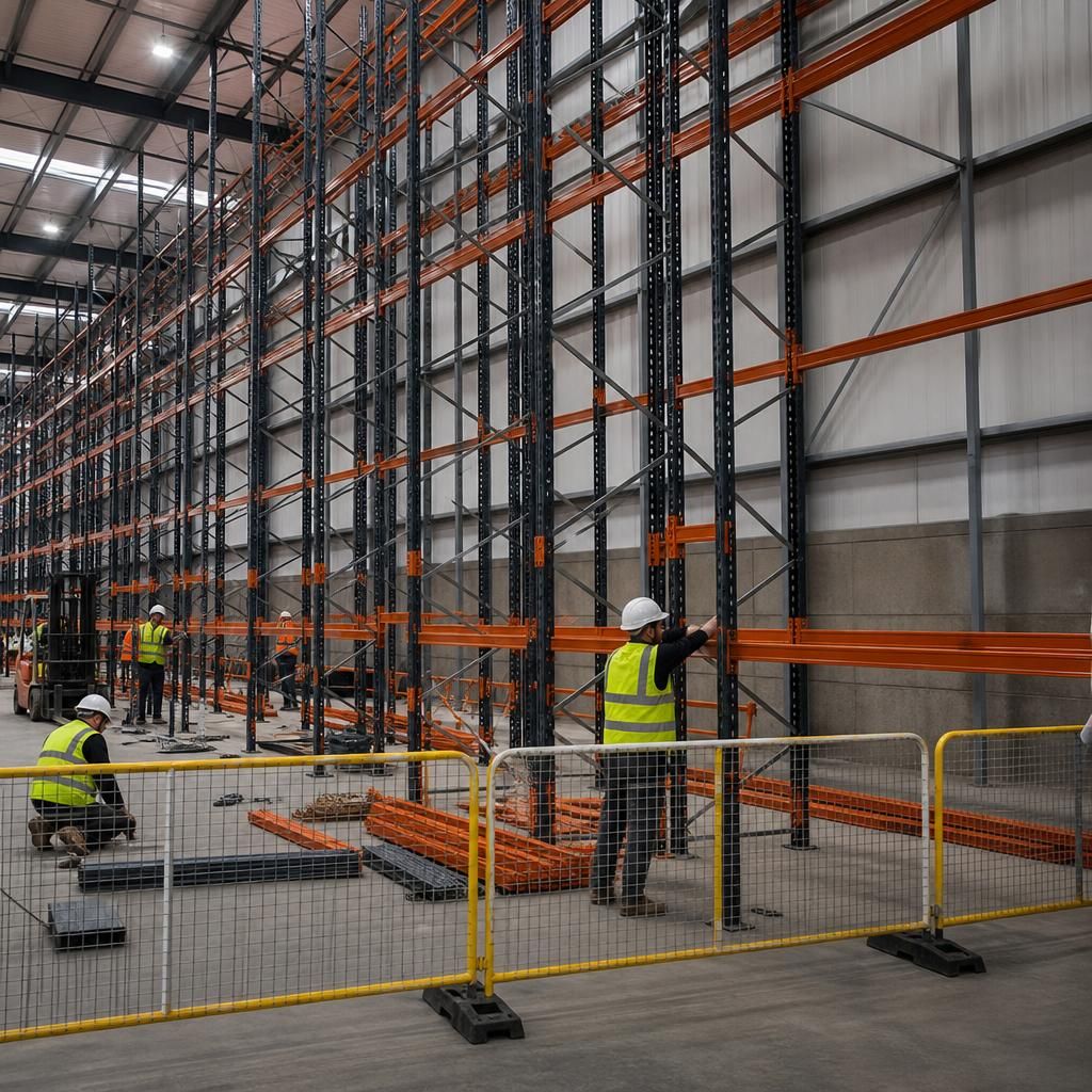 Installers assembling drive-in pallet racking behind safety barriers