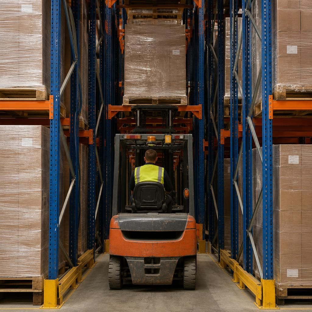 Forklift entering a drive-through pallet racking channel from one end