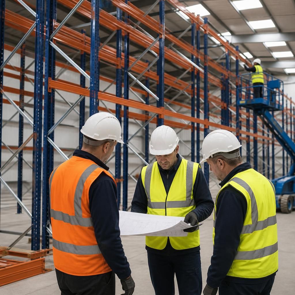 Heavy duty pallet racking being installed in a warehouse