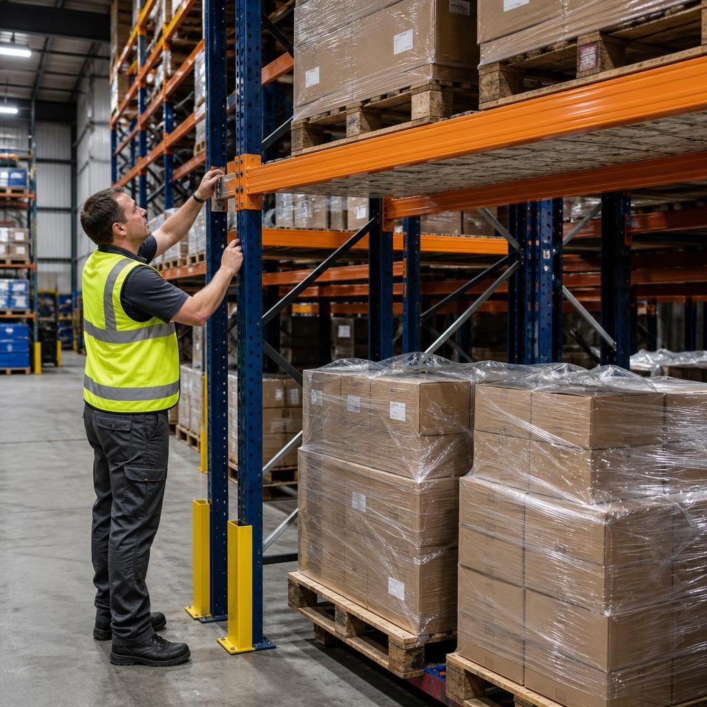 Warehouse pallet racking with adjustable beams and stored pallets