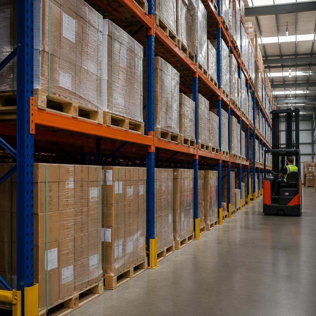 Loaded pallets stored on heavy duty warehouse racking beside a forklift aisle