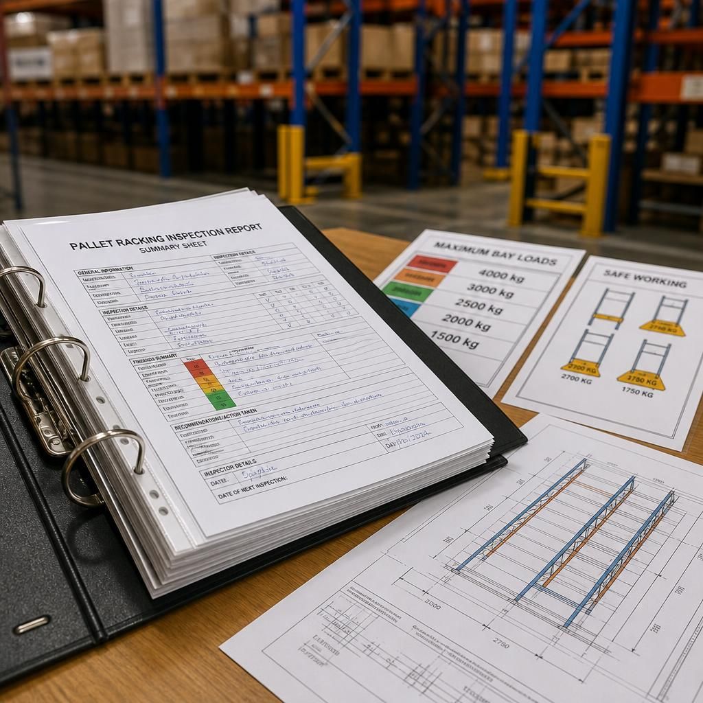 Pallet racking inspection report beside load notices and warehouse layout drawings