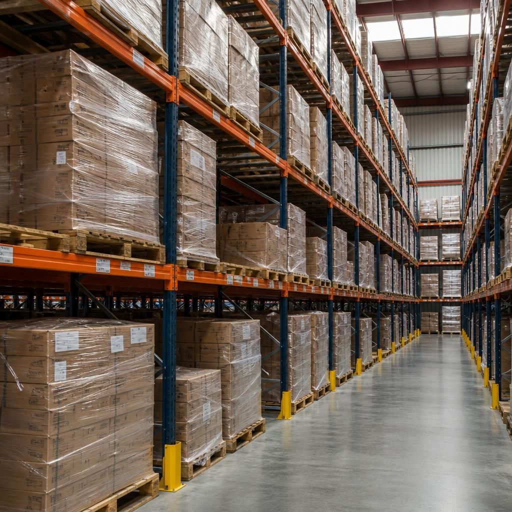 Heavy duty pallet racking with loaded pallets in a warehouse aisle