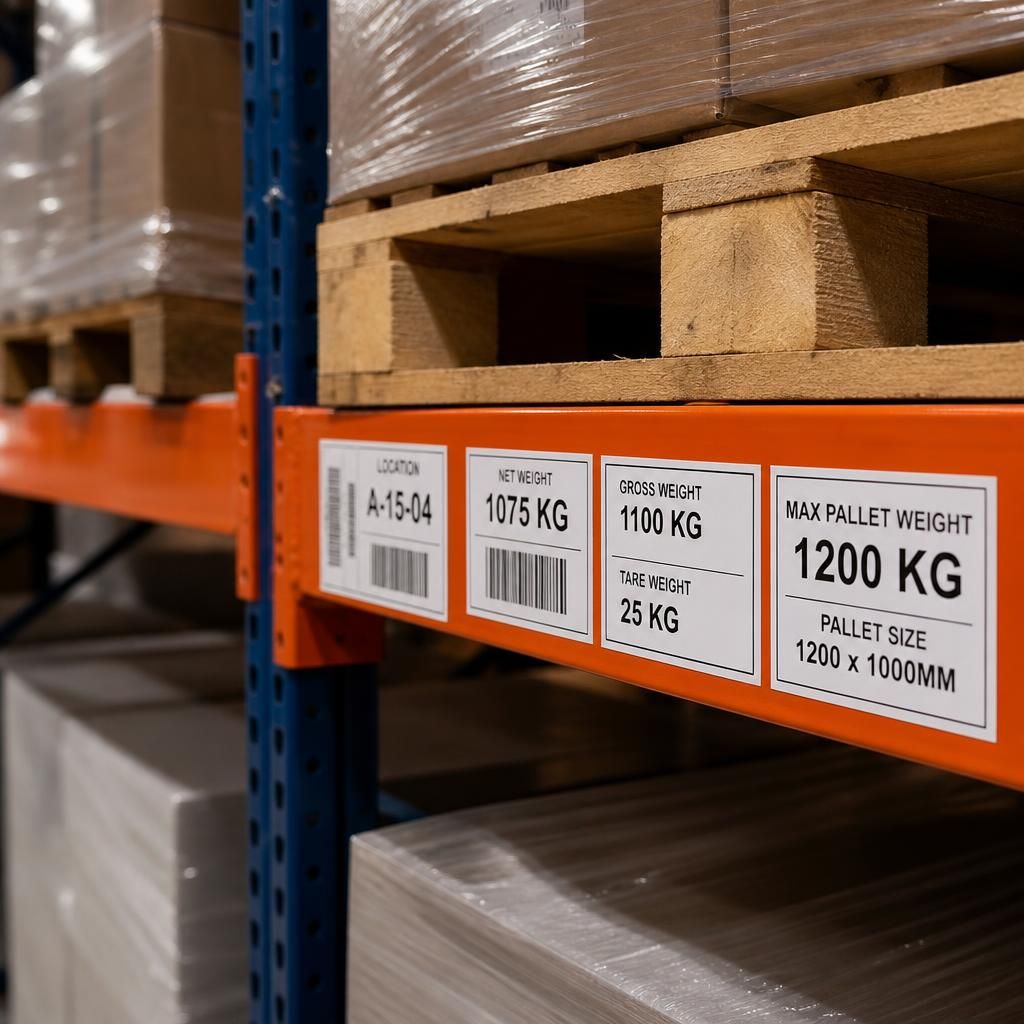 Warehouse pallet labels showing weights and dimensions beside stored goods