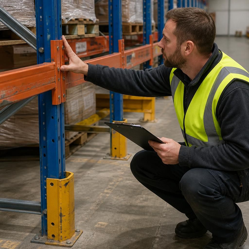 Warehouse worker checking pallet racking beams, uprights and safety guards