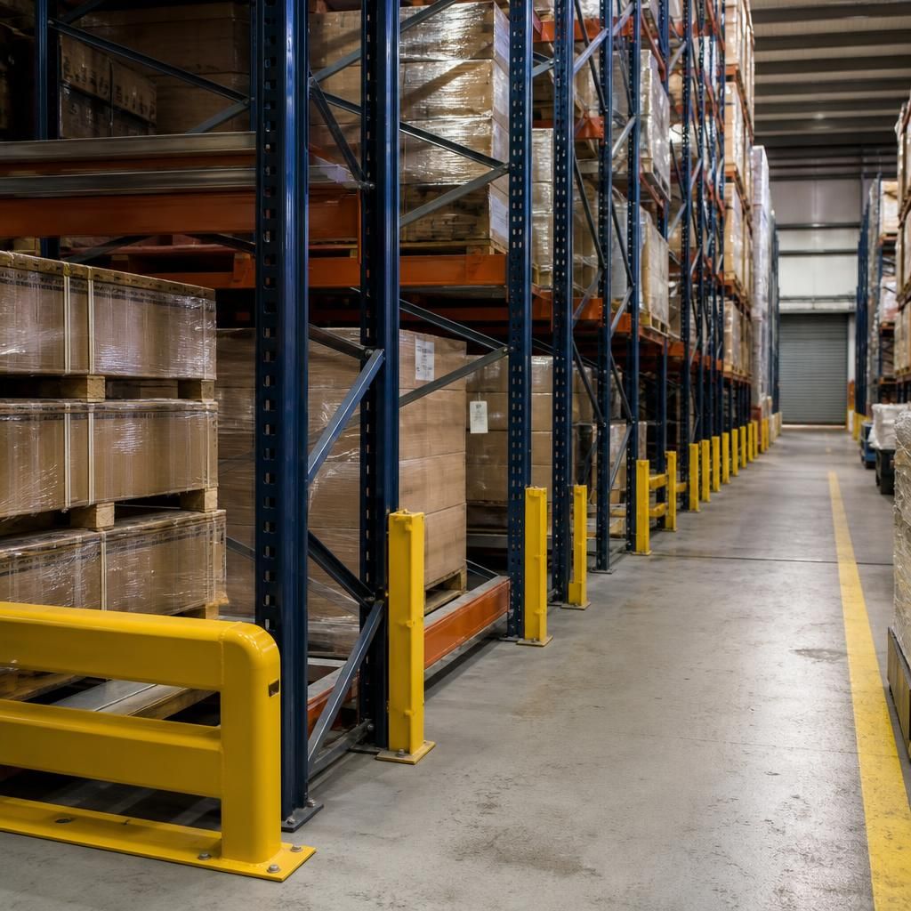 Heavy duty pallet racking aisle with upright guards and end barriers