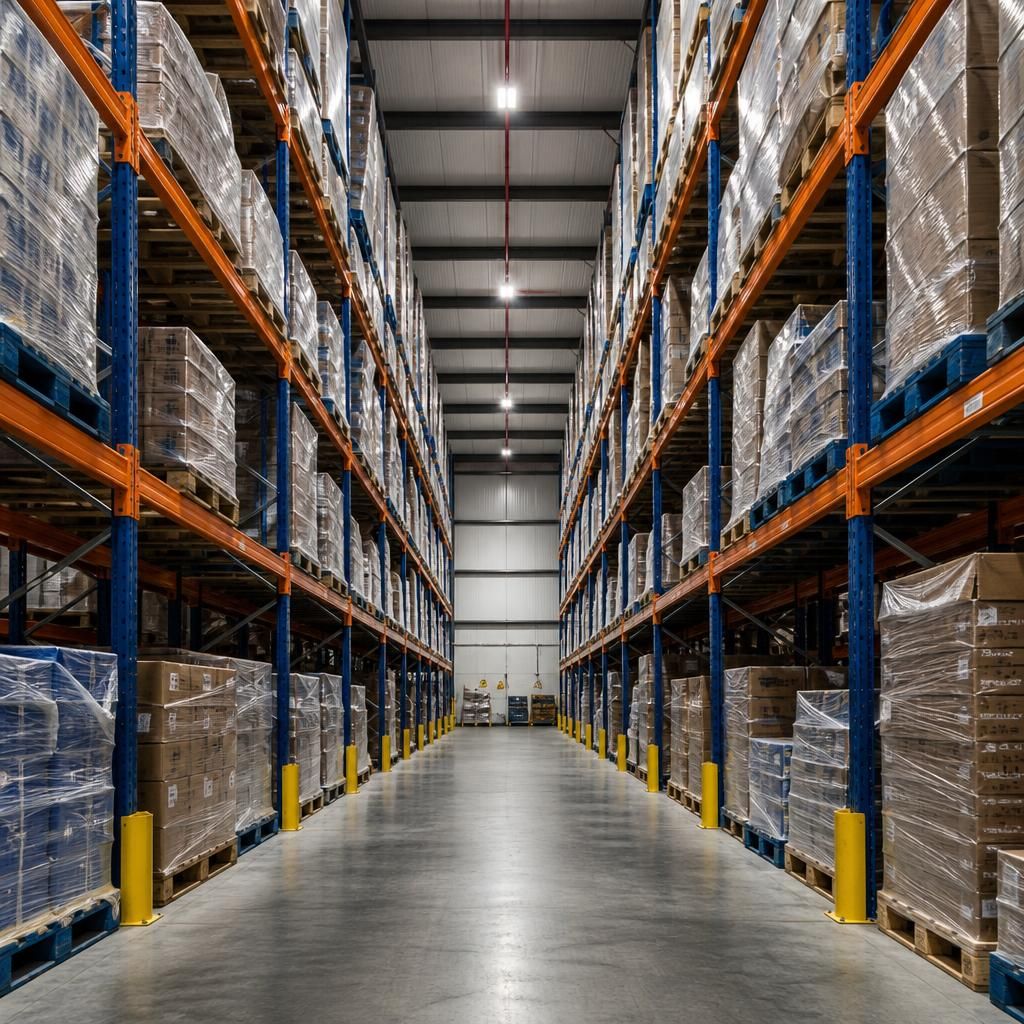 Warehouse aisle showing pallets stored on heavy duty racking