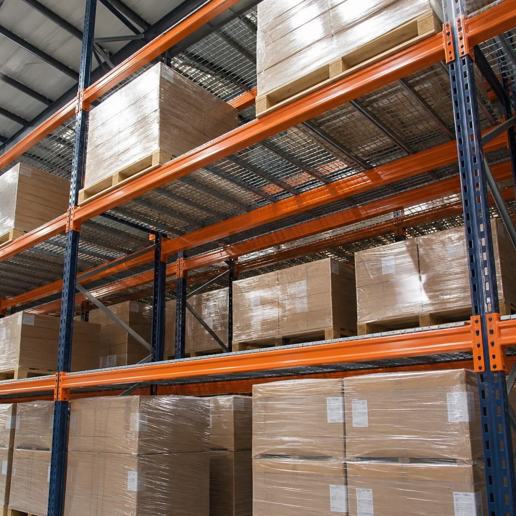 Heavy duty pallet racking with steel decking supporting loaded pallets