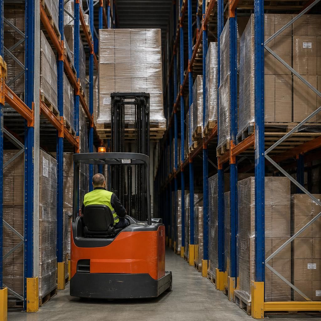 Forklift placing a pallet into a drive-in racking lane
