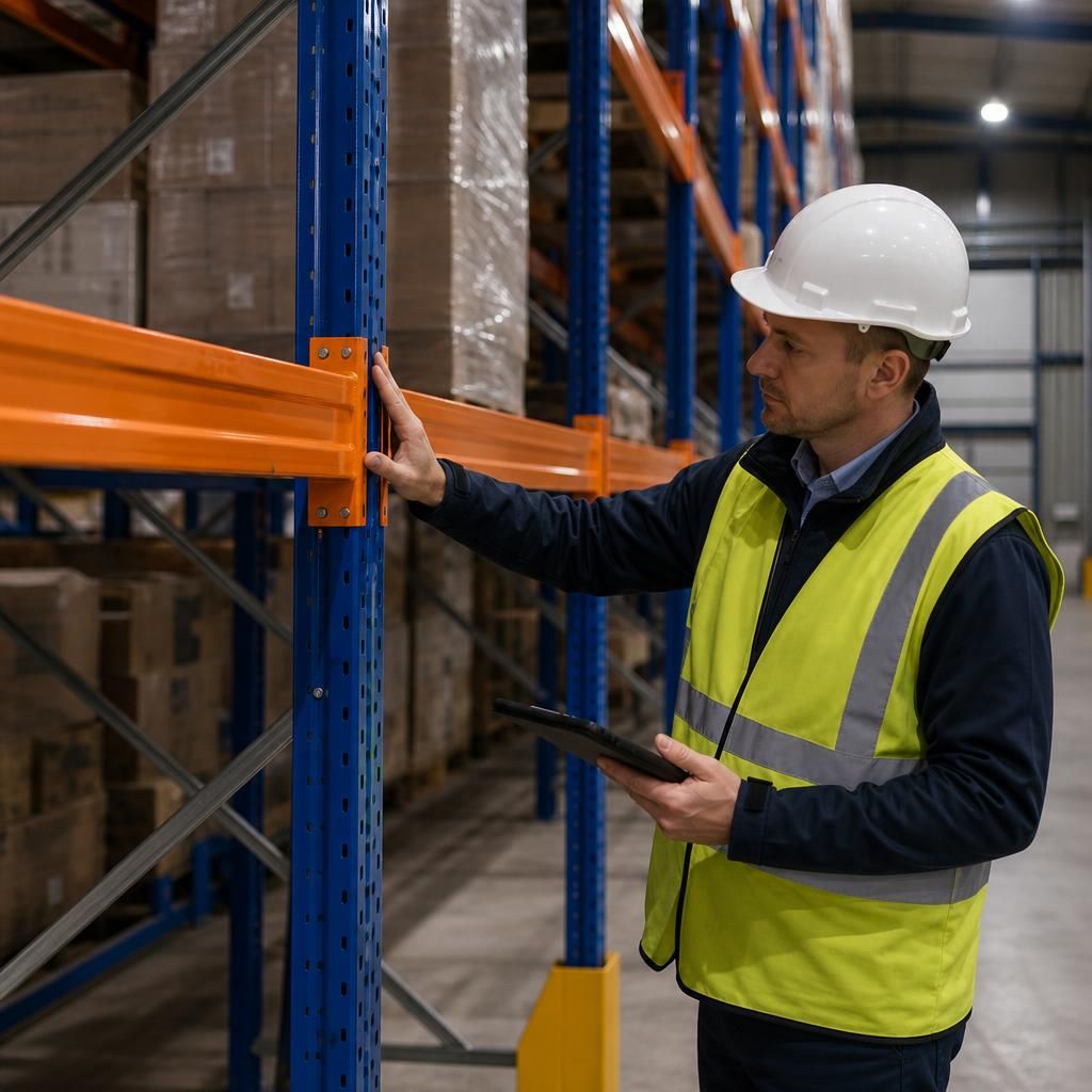 Inspector examining pallet racking uprights and beam connections in a warehouse
