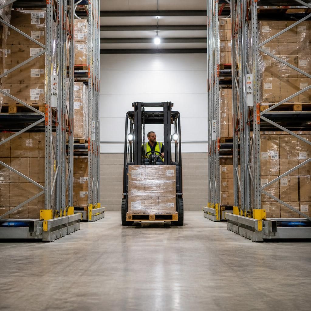 Forklift entering an open aisle between mobile pallet racking units