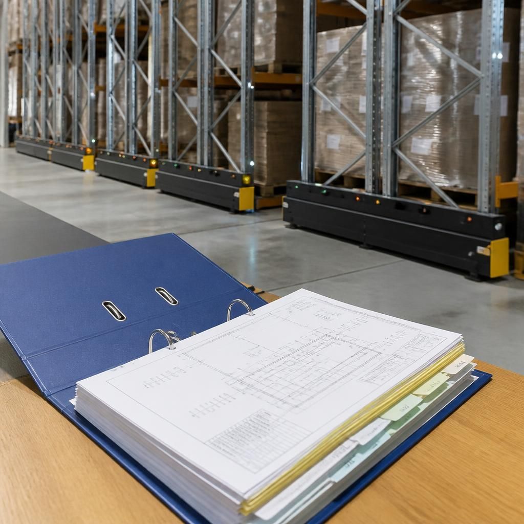 Mobile pallet racking beside a folder containing layout drawings and inspection records