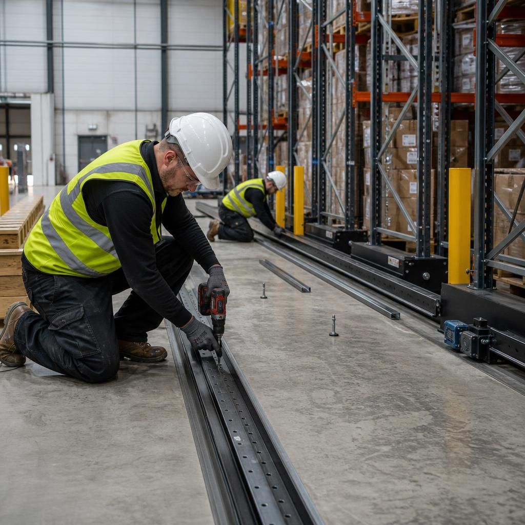 Installers fitting mobile pallet racking rails within a controlled warehouse work area