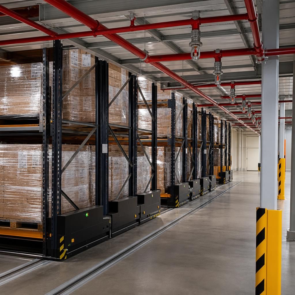 Mobile pallet racking beneath overhead sprinkler pipework