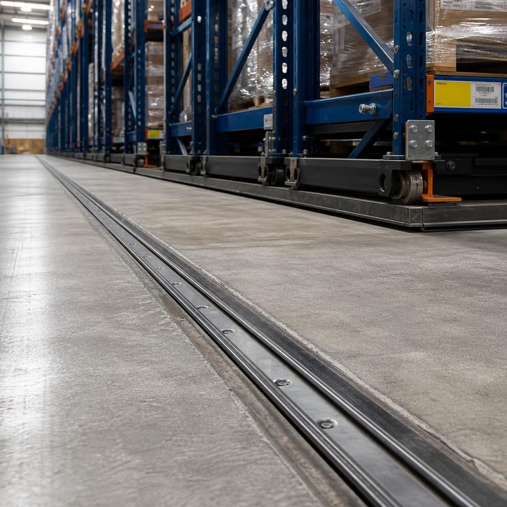 Mobile pallet racking rails set into a concrete warehouse floor