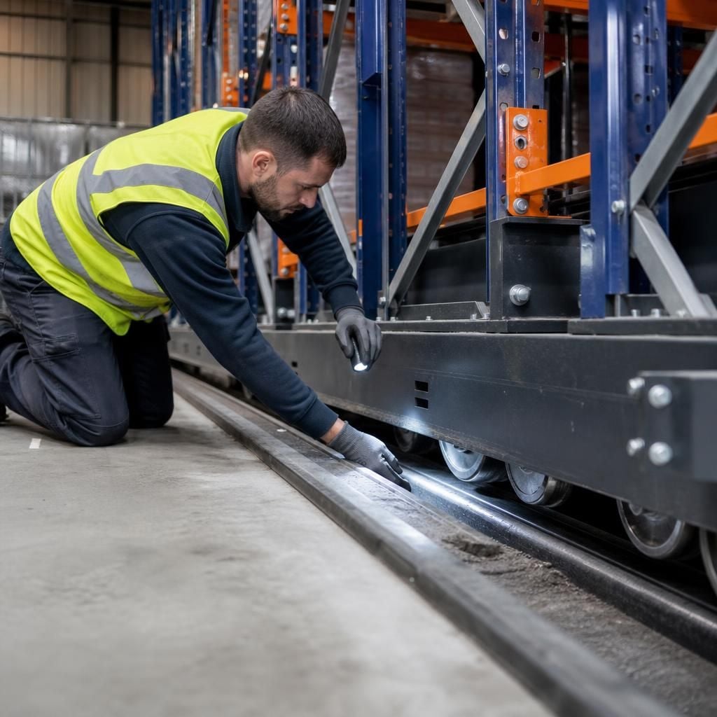 Technician inspecting rails beneath mobile pallet racking